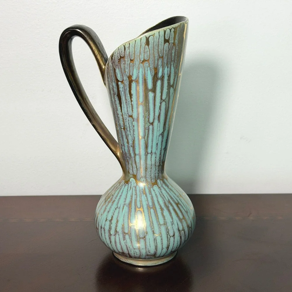 Vintage Carstens Tonnieshof Rimini Ewer Vase Turquoise Gold Drip Glaze W Germany